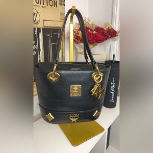 MCM Black Leather Mini Bucket Tote with Gold Hardware